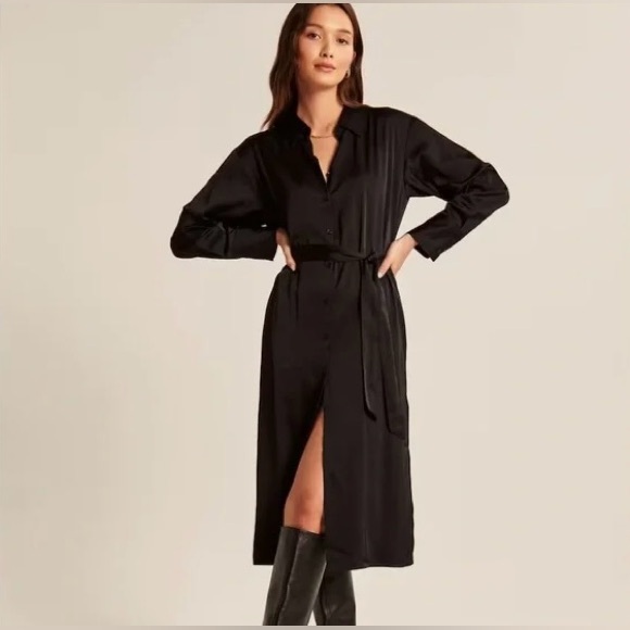 Abercrombie & Fitch brown long sleeve satin midi dress - Picture 2 of 6